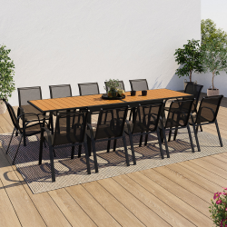 15123 - Set di mobili da giardino allungabili in legno e nero Salon de jardin POLY extensible table 135-270 CM et 12 chaises bois et noir