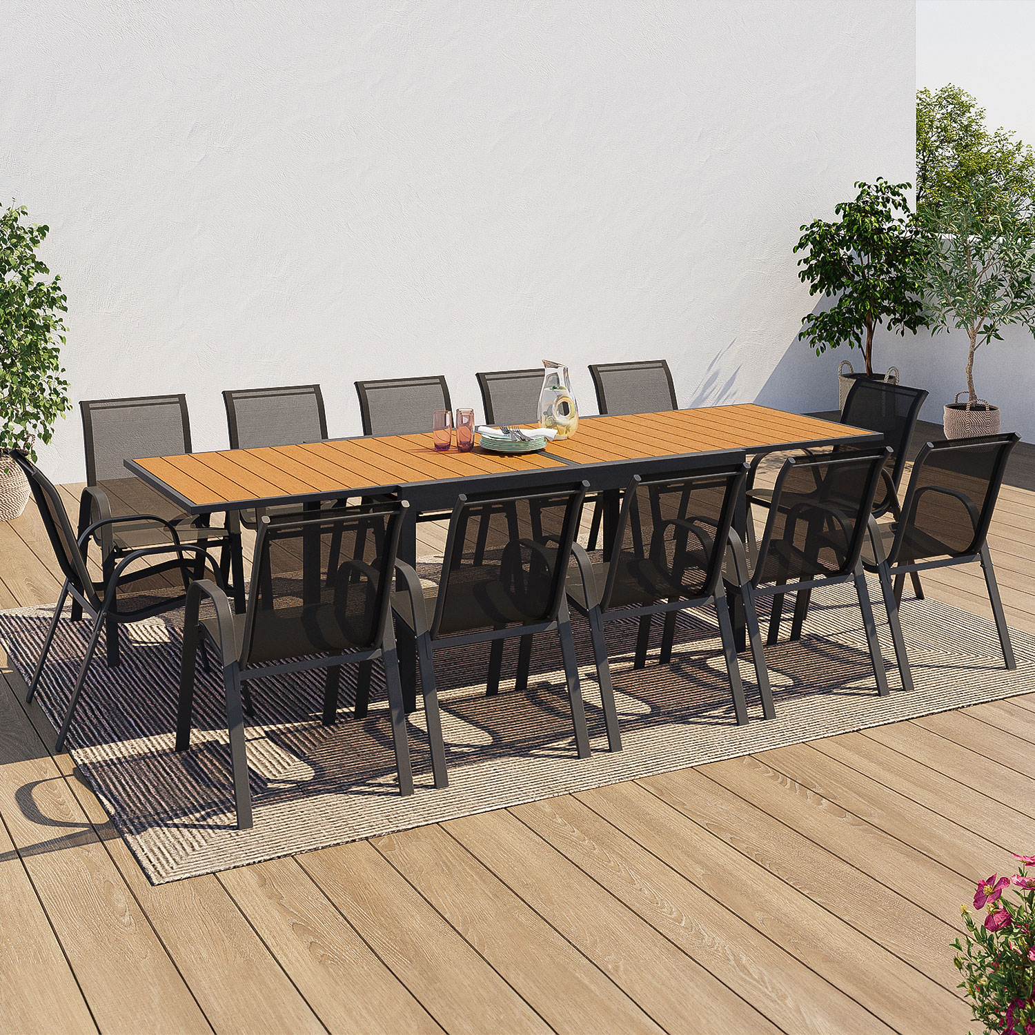 Salon de jardin bois et gris anthracite avec table extensible et 12 chaises