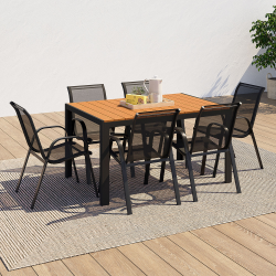 15745 - Salon de jardin bois et noir avec table 150 cm et 6 chaises Salon de jardin POLY table 150 CM et 6 chaises empilables bois et noir
