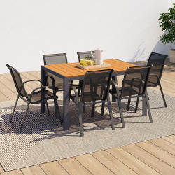 15747 - Salon de jardin bois et gris avec table 150 cm et 6 chaises Salon de jardin POLY table 150 cm et 6 chaises
