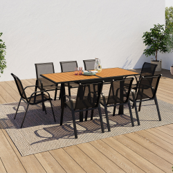 15744 - Tuinmeubelset met houten en zwarte tafel + 8 stoelen Salon de jardin POLY extensible table 90-180 CM et 8 chaises bois et noir