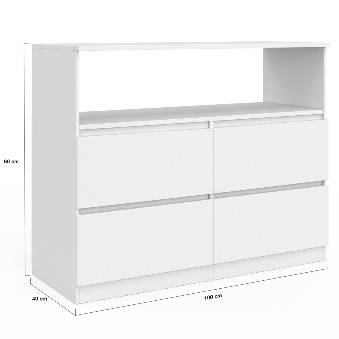 Kommode Holz weiß 4 Schubladen mit Nische 100cm - TOMI
