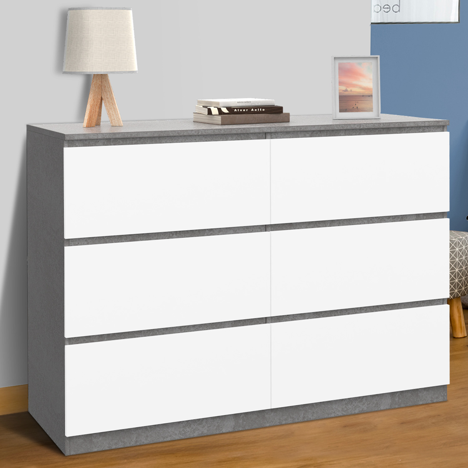 Commode 6 tiroirs blanche effet béton