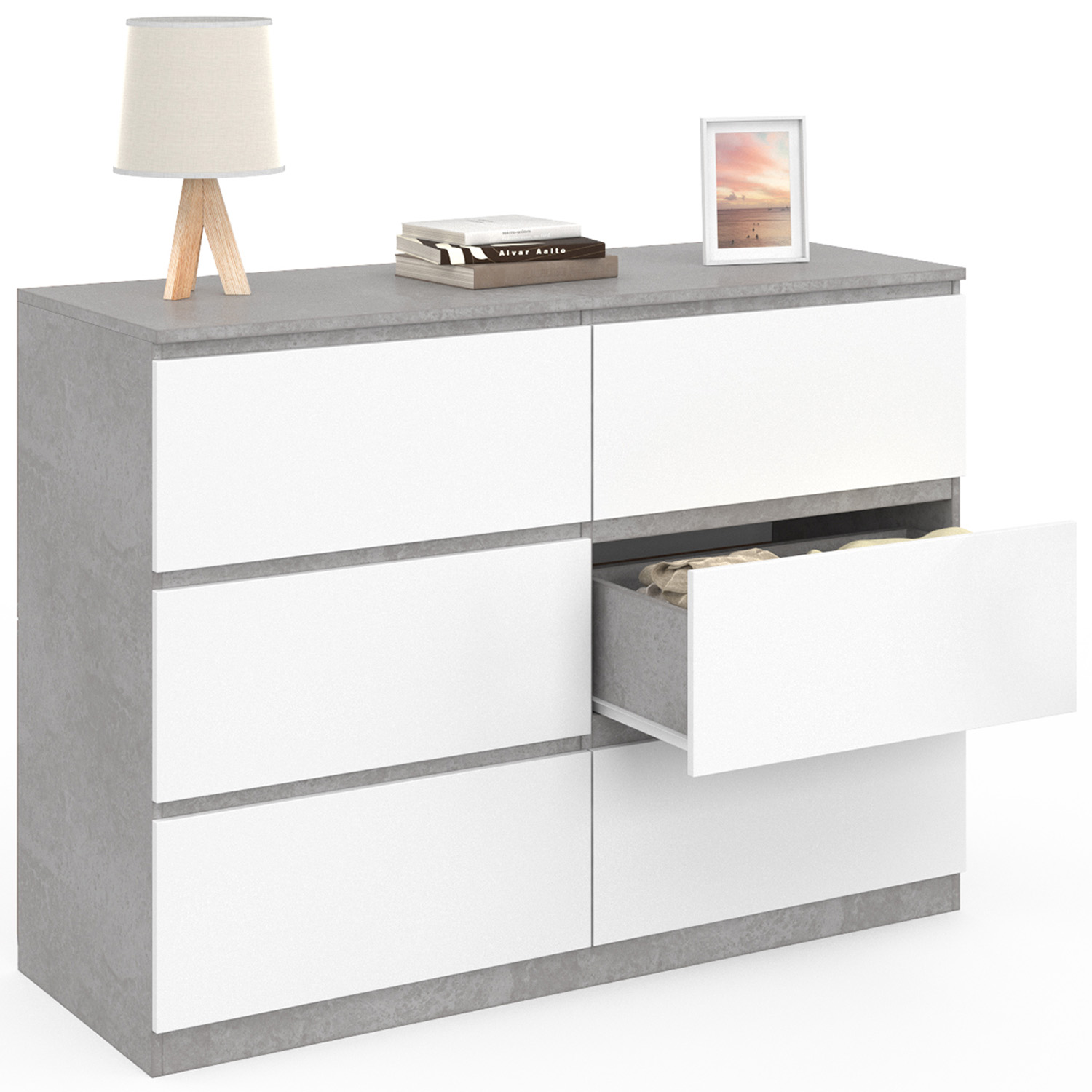 Commode 6 Tiroirs TOMI 110 Cm - Blanc Et Gris, Bois Aggloméré, Montage Facile
