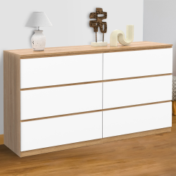 16222 - Grande commode 6 tiroirs façon hêtre et blanc Commode 6 tiroirs TOMI XXL 140 cm bois façon hêtre et blanc
