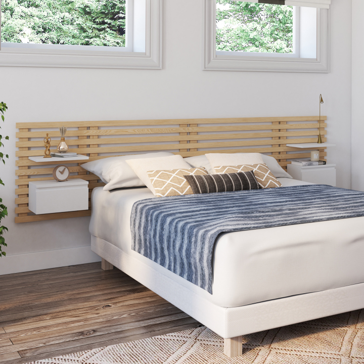 Tête de lit en lattes AVA avec chevets suspendus 240 CM bois clair et blanc Tête de lit en lattes AVA avec chevets suspendus 240 CM bois clair et blanc