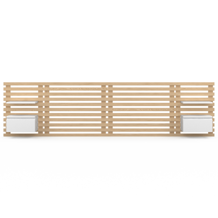Tête de lit en lattes AVA avec chevets suspendus 240 CM bois clair et blanc Tête de lit en lattes AVA avec chevets suspendus 240 CM bois clair et blanc