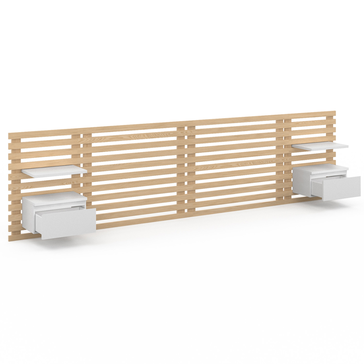 Tête de lit suspendue en lattes AVA 240 cm avec chevets + tiroir façon bois clai
