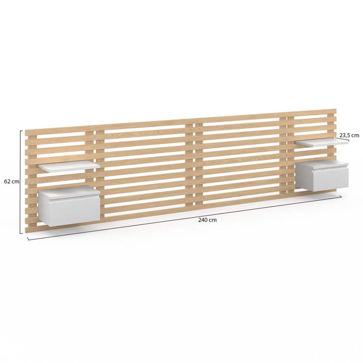 Tête de lit en lattes AVA avec chevets suspendus 240 CM bois clair et blanc Tête de lit en lattes AVA avec chevets suspendus 240 CM bois clair et blanc