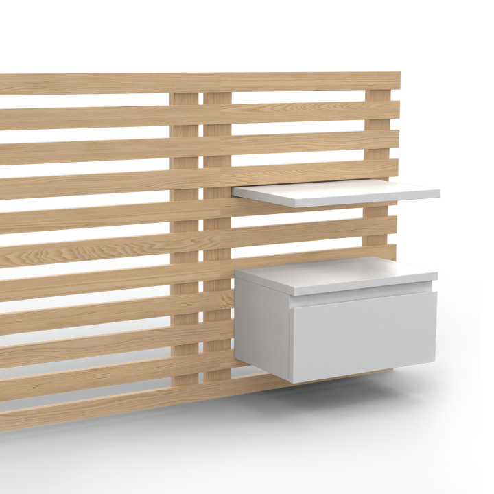 Tête de lit en lattes AVA avec chevets suspendus 240 CM bois clair et blanc Tête de lit en lattes AVA avec chevets suspendus 240 CM bois clair et blanc