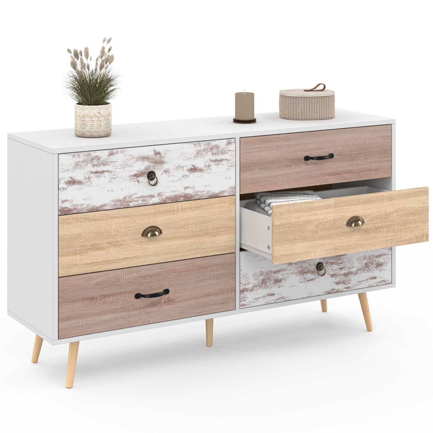 IDMarket - Commode 6 Tiroirs EDHEN 115 Cm Cannage Coloris Bois