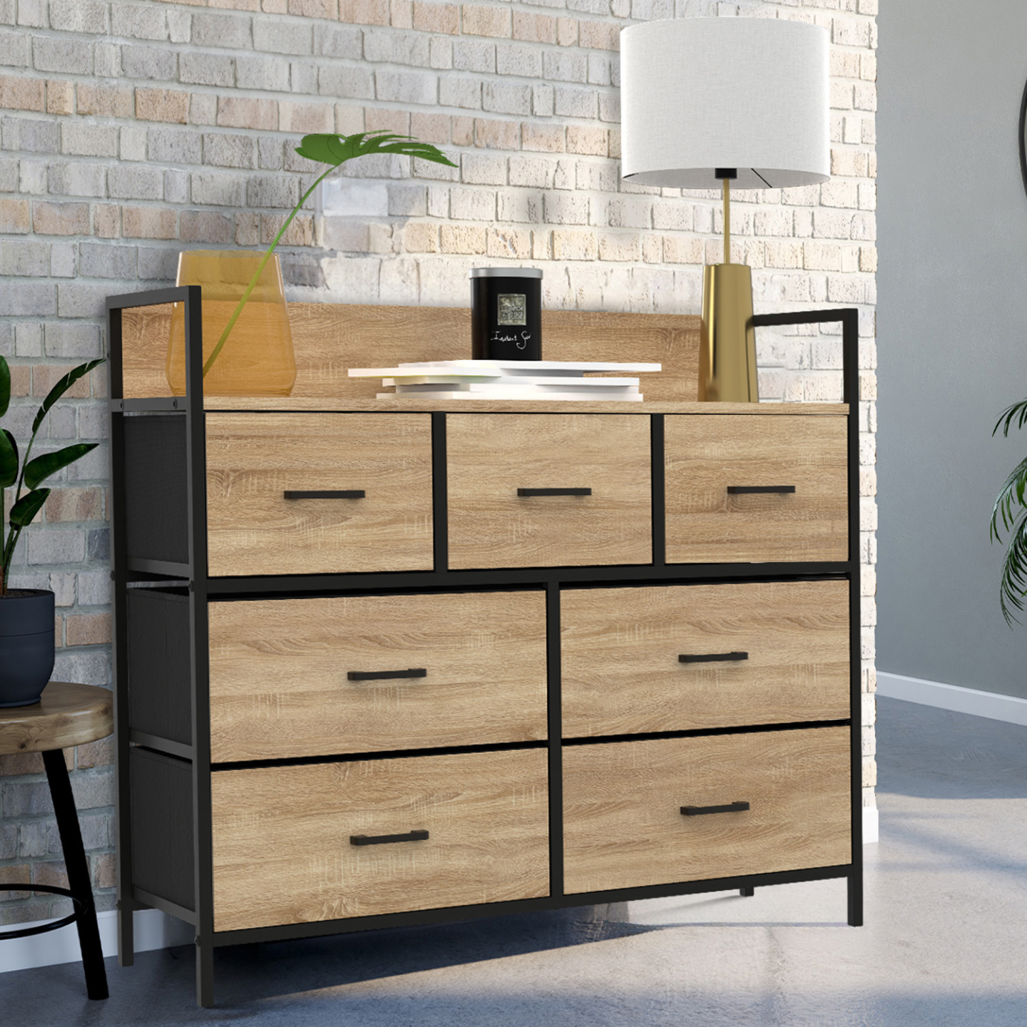 Cómoda de diseño industrial de 7 cajones de metal y madera en tela ...