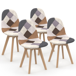 16419 - Chaises motifs patchworks marron scandinaves : lot de 4 Lot de 4 chaises scandinaves SARA motifs patchworks marron