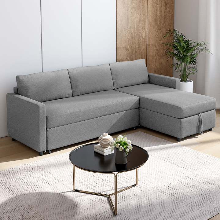 Canapé d'angle convertible NOAH avec méridienne coffre en tissu gris clair Canapé d'angle convertible NOAH avec méridienne coffre en tissu gris clair