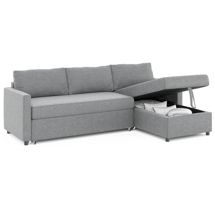 Canapé d'angle convertible NOAH avec méridienne coffre en tissu gris clair Canapé d'angle convertible NOAH avec méridienne coffre en tissu gris clair