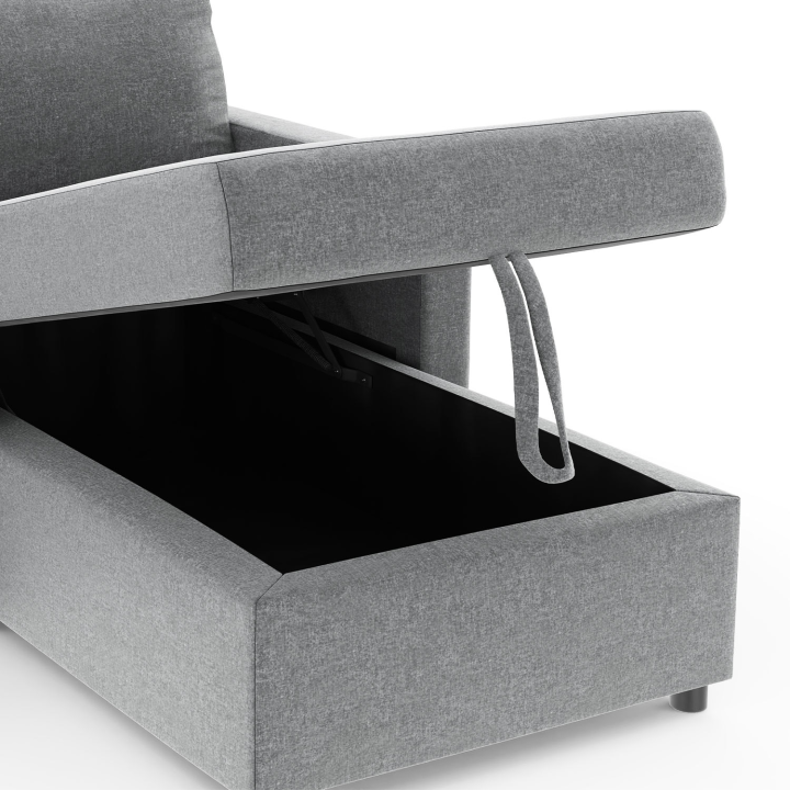 Canapé d'angle convertible NOAH avec méridienne coffre en tissu gris clair Canapé d'angle convertible NOAH avec méridienne coffre en tissu gris clair