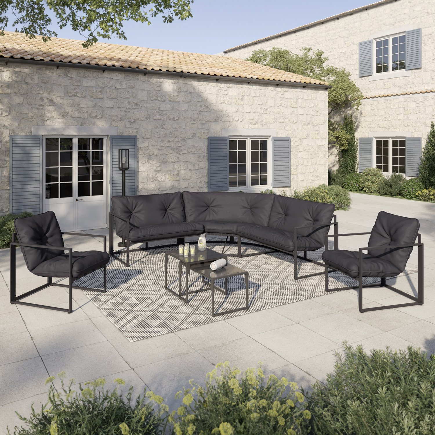 Salon de jardin d'angle bas 8 personnes gris