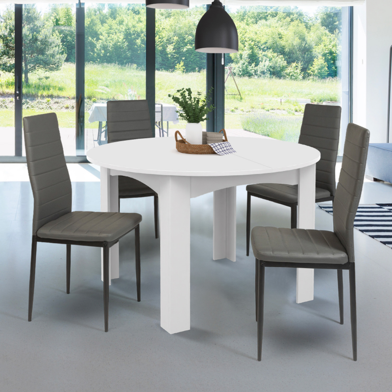 Table à Manger Extensible Ronde PHOENIX Bois Et Blanc - 110 à 150 Cm - 4 à 6 Personnes - Plateau épais 5 Cm - Style Loft Moderne - 4