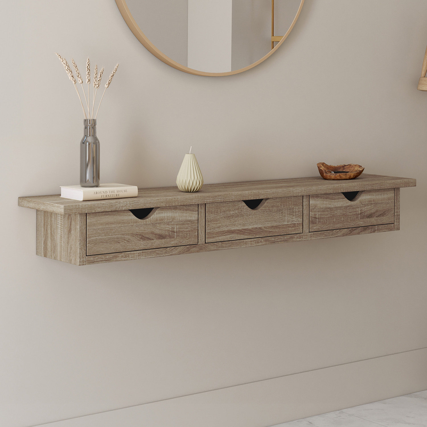 Étagère murale console d'entrée bois façon hêtre 3 tiroirs