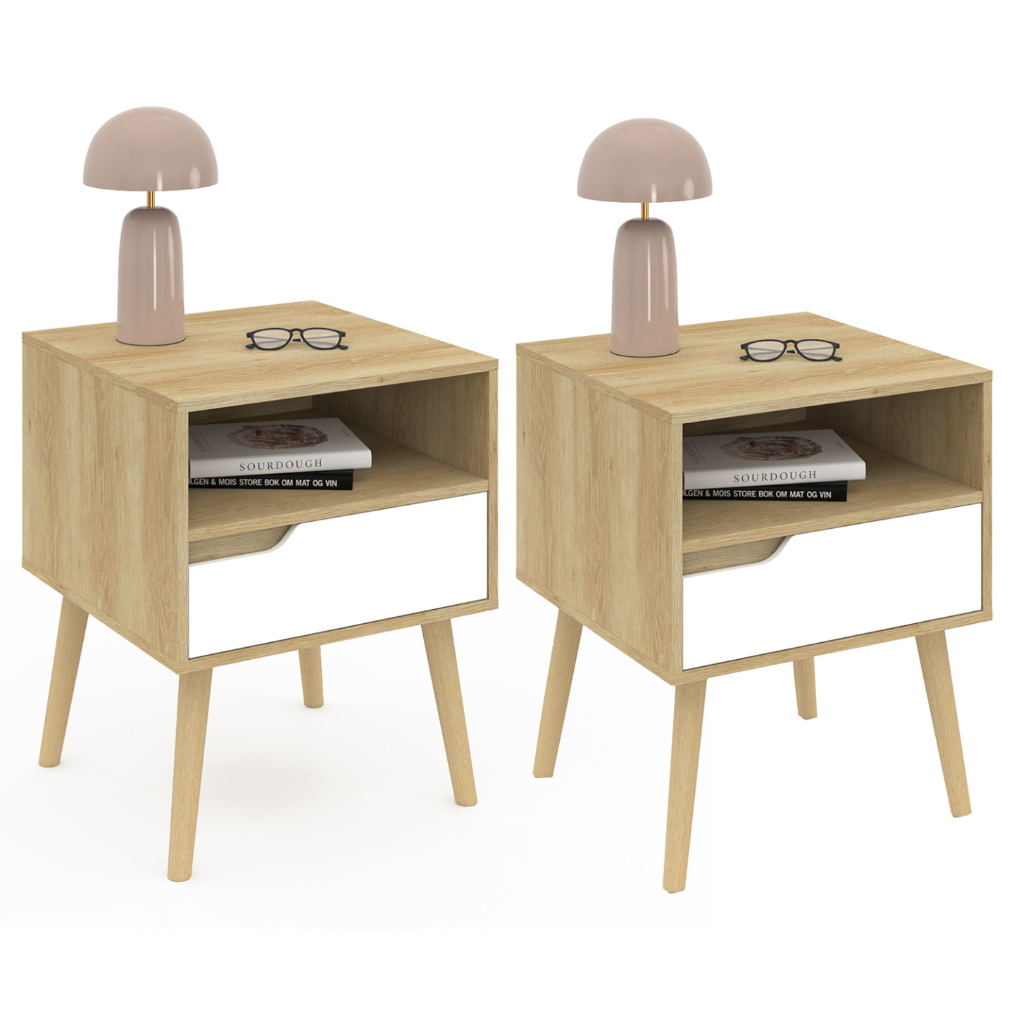 IDMarket - Lot De 2 Tables De Chevet OXANA Blanc & Hêtre - 1 Tiroir + Niche, Design Moderne, Dimensions 40x34x50 Cm