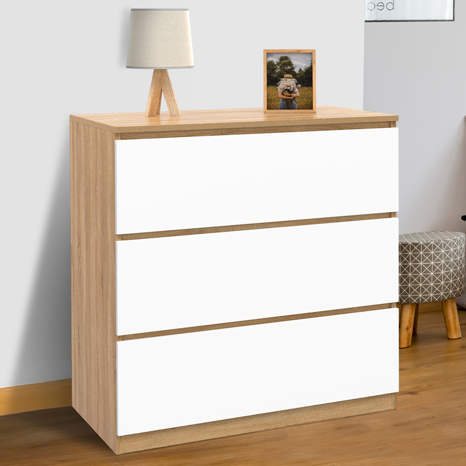 Commode bois façon hêtre et blanc 3 tiroirs 78 cm