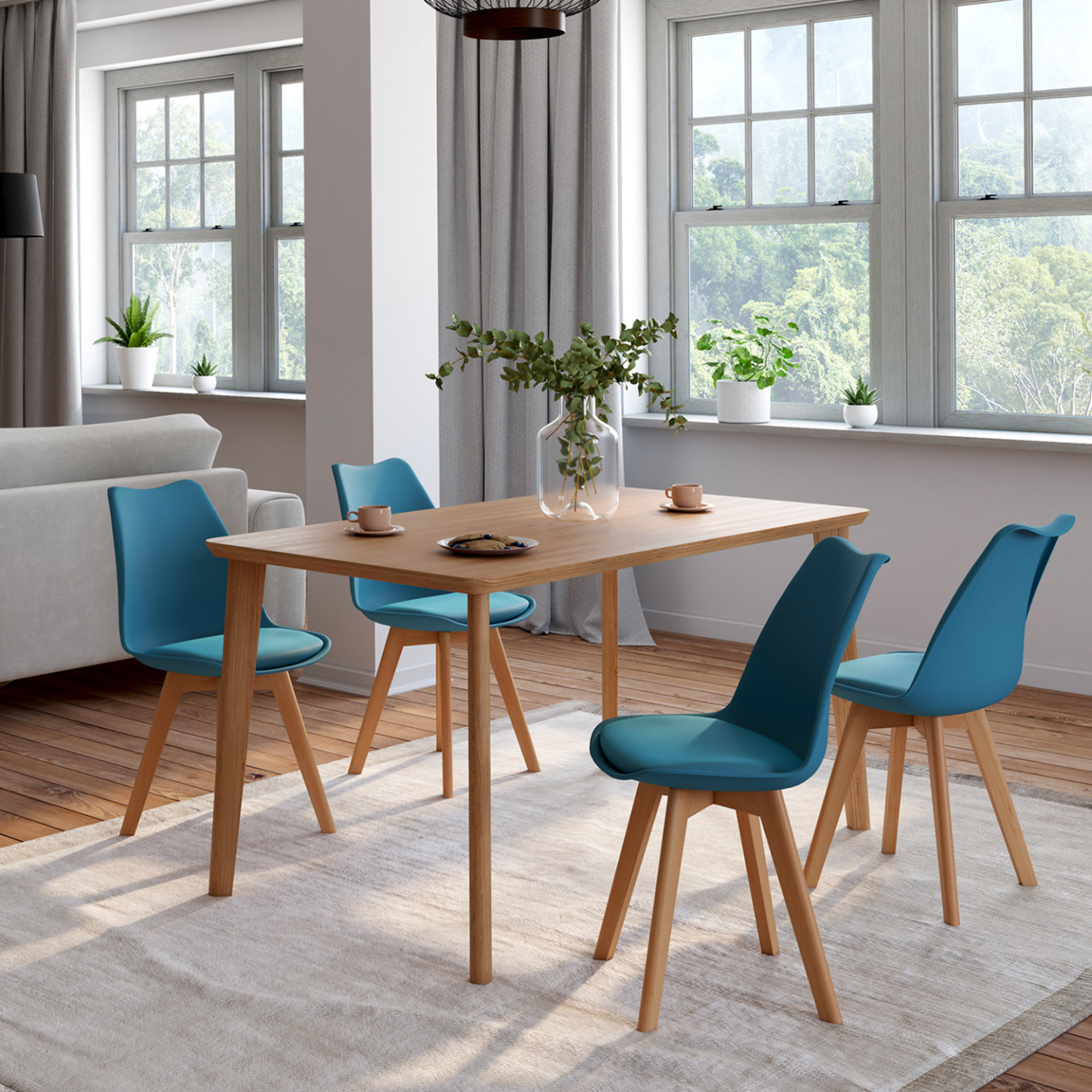 Miliboo Sillón Escandinavo De Tela Azul Pato Y Madera Clara ISKO