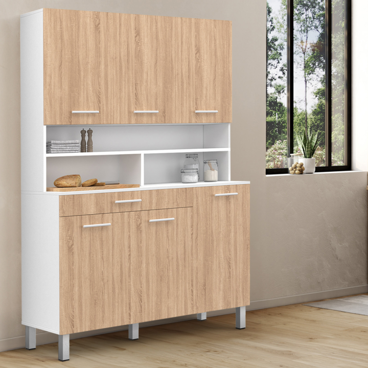 Buffet de cuisine 120 CM CINA 6 portes + tiroir blanc et façon hêtre Buffet de cuisine 120 CM CINA 6 portes + tiroir blanc et façon hêtre
