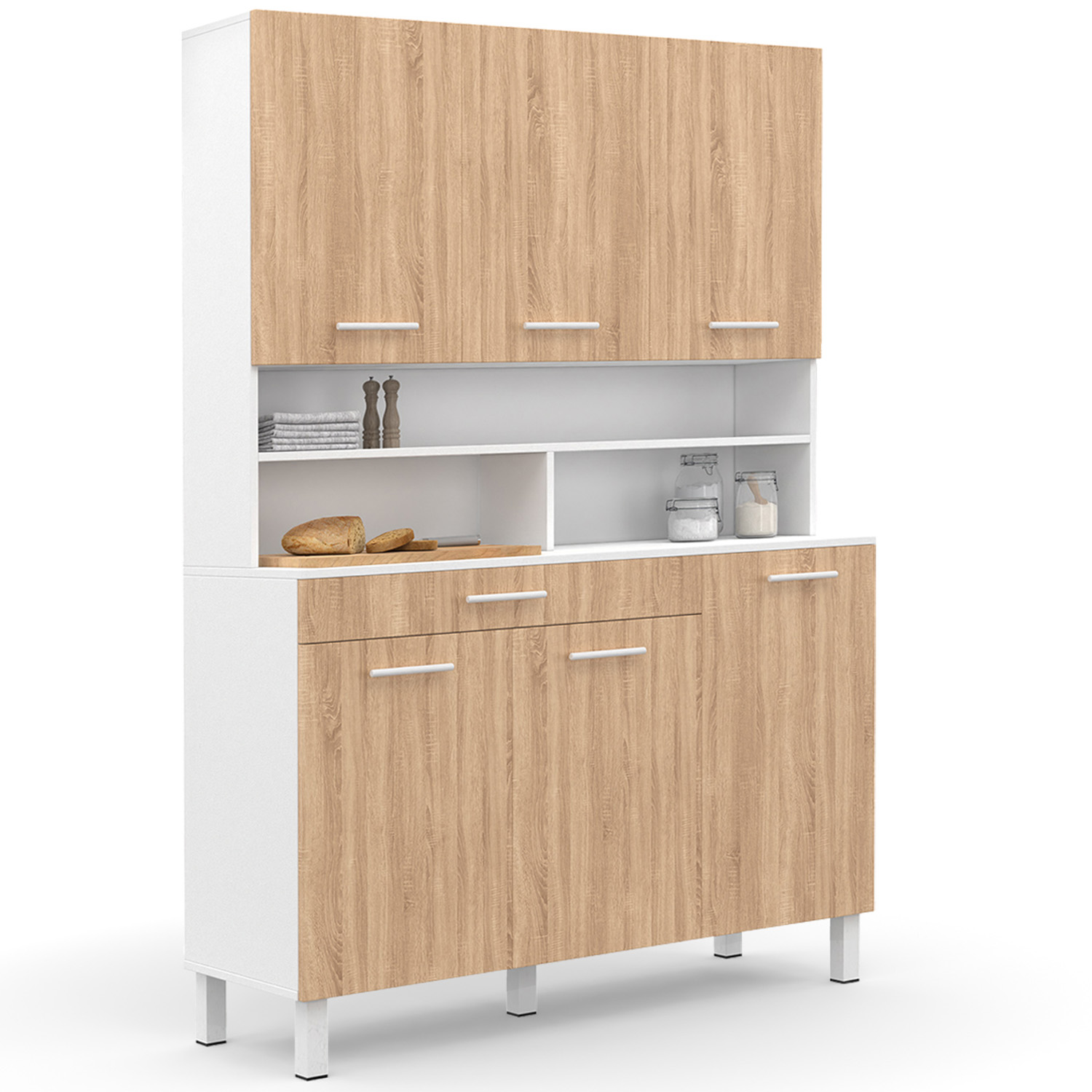 Buffet De Cuisine CINA 60 Cm – Meuble Micro-Ondes Avec Tiroir Et Portes – Hêtre Et Blanc – Gain De Place