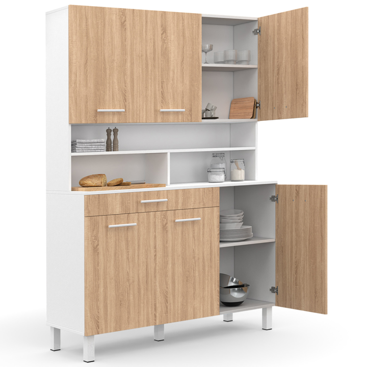Buffet de cuisine 120 CM CINA 6 portes + tiroir blanc et façon hêtre Buffet de cuisine 120 CM CINA 6 portes + tiroir blanc et façon hêtre