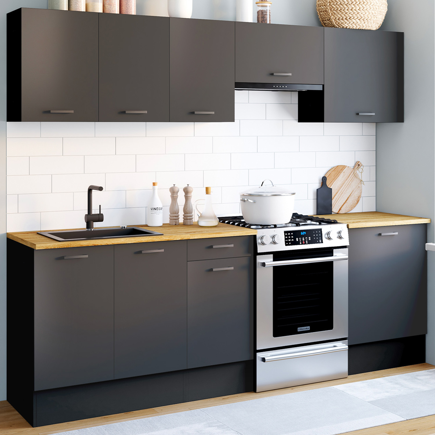 Cuisine complète 240 cm avec plan de travail bois et noir