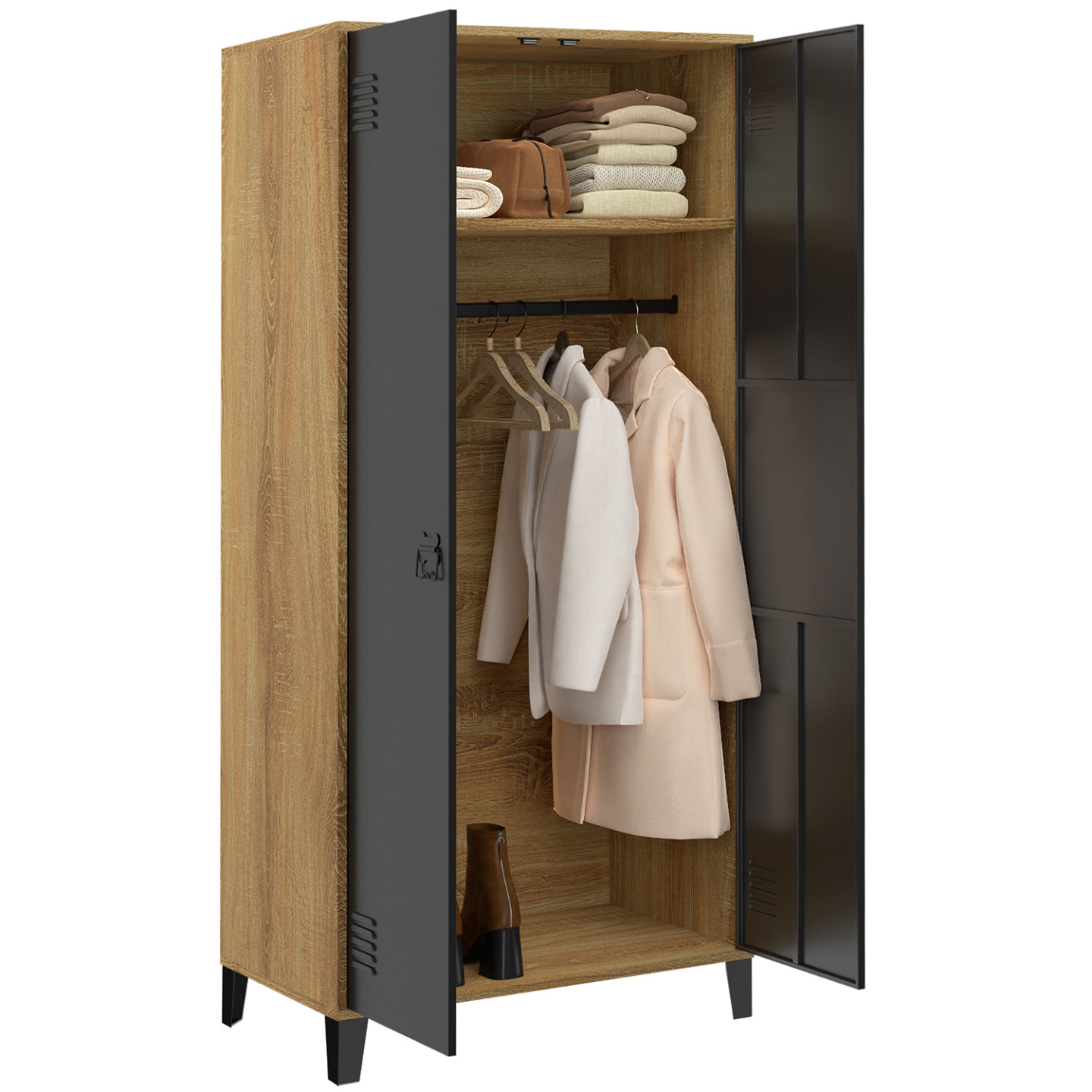 Armoire Vestiaire ESTER 2 Portes - Métal Noir Et Bois | Penderie Et Étagère | Design Industriel