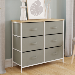 16040 - Cassettiera industriale grigio chiaro con top effetto legno Commode 6 tiroirs en tissu ALTA 80 cm gris clair et plateau effet bois