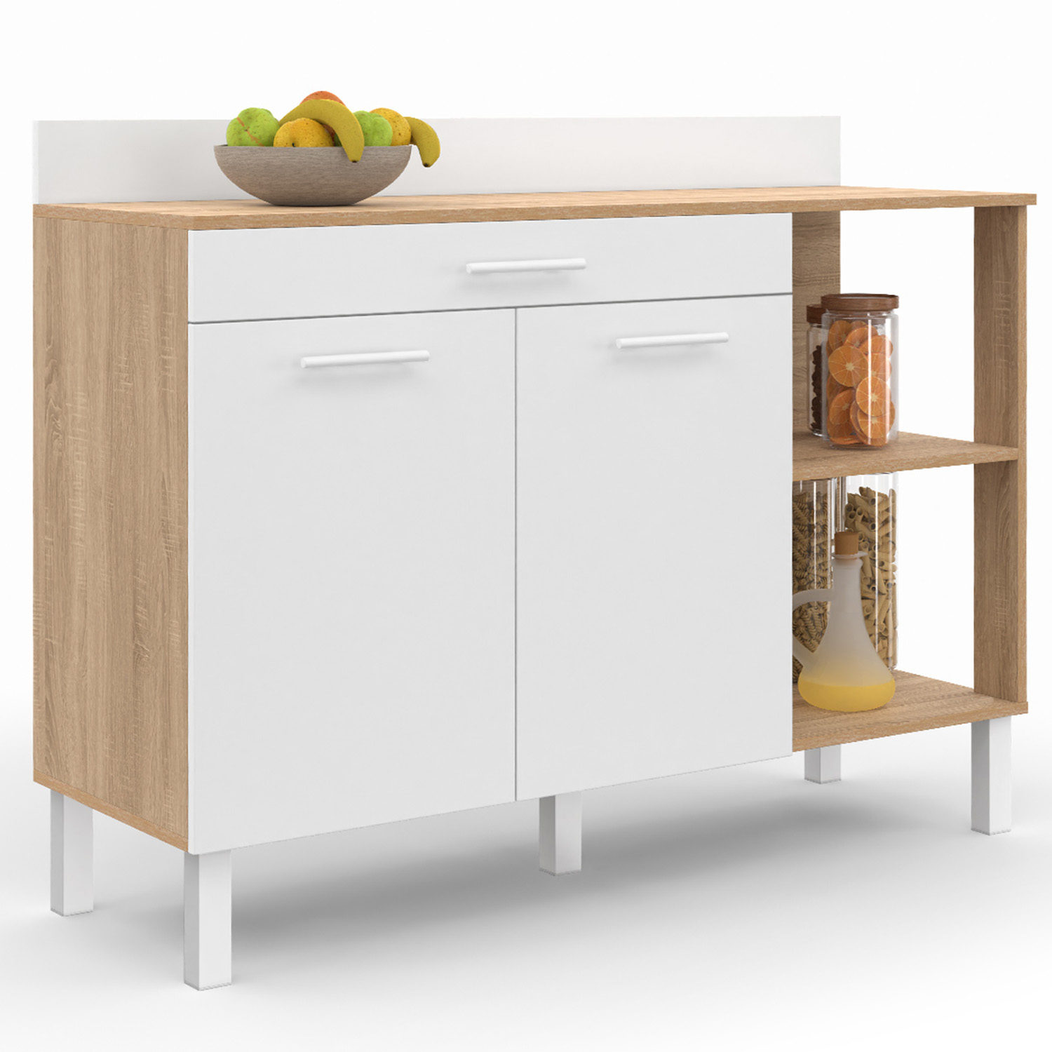 Buffet bas de cuisine bois façon hêtre 120 cm 2 portes + tiroir blanc