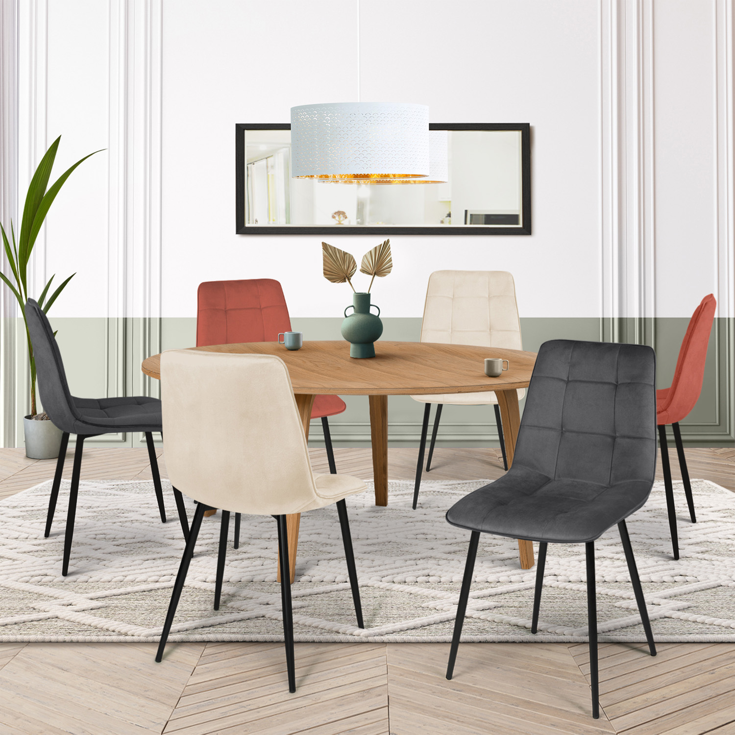 Lot De 6 Chaises MILA En Velours - Couleurs Terracotta Et Beige, Pieds Métal Noir, Design Moderne