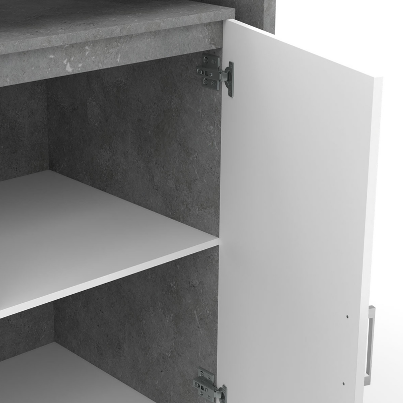 Meuble TV Blanc Imitation Béton HWC-L35 - 170x40x47 Cm - 2 Portes + étagères Ouvertes - Rangement Multimédia