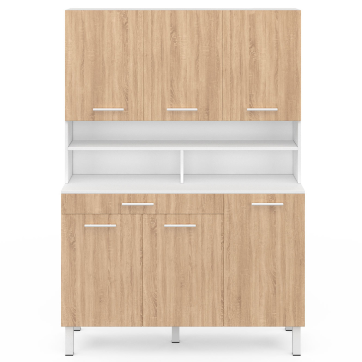 Buffet de cuisine 120 CM CINA 6 portes + tiroir blanc et façon hêtre Buffet de cuisine 120 CM CINA 6 portes + tiroir blanc et façon hêtre