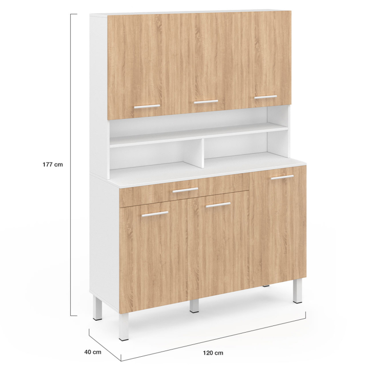 Buffet de cuisine 120 CM CINA 6 portes + tiroir blanc et façon hêtre Buffet de cuisine 120 CM CINA 6 portes + tiroir blanc et façon hêtre