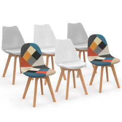 14657 - Sedie scandinave in un mix di colori bianco, grigio chiaro e patchwork Lot de 6 chaises scandinaves SARA blanc x2, gris clair x2 et patchworks multi-couleurs