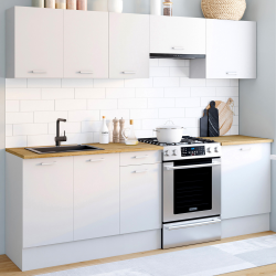 16321 - Cucina completa 240 cm con piano di lavoro in legno e bianco Cuisine complète 240 cm SUBTIL avec plan de travail 7 éléments blanc et plateau bois