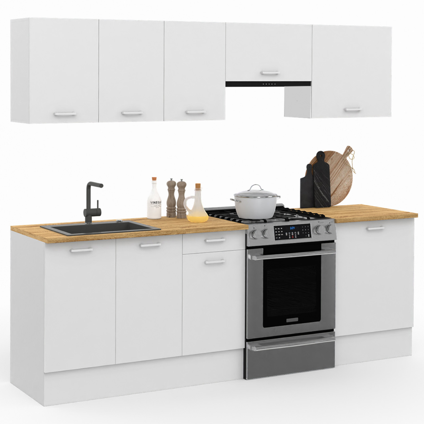 Cuisine Complète SUBTIL 240cm Bois Et Noir - 7 Éléments Avec Plan De Travail