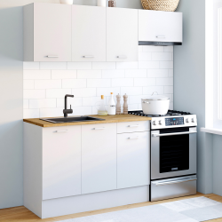 16320 - Cucina completa di piani di lavoro e scaffali in legno Cuisine complète 180 cm SUBTIL avec plan de travail 5 éléments blanc et plateau bois
