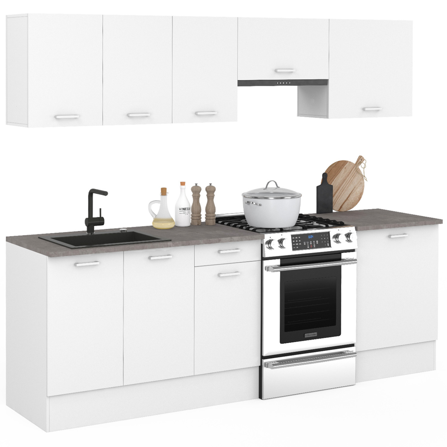 Isla Cocina Cocina Completa SUBTIL 240cm - Blanco Con Encimera Efecto  Hormigón (7 Elementos) Muebles De Cocina Por Modulos, image size:1440x1440