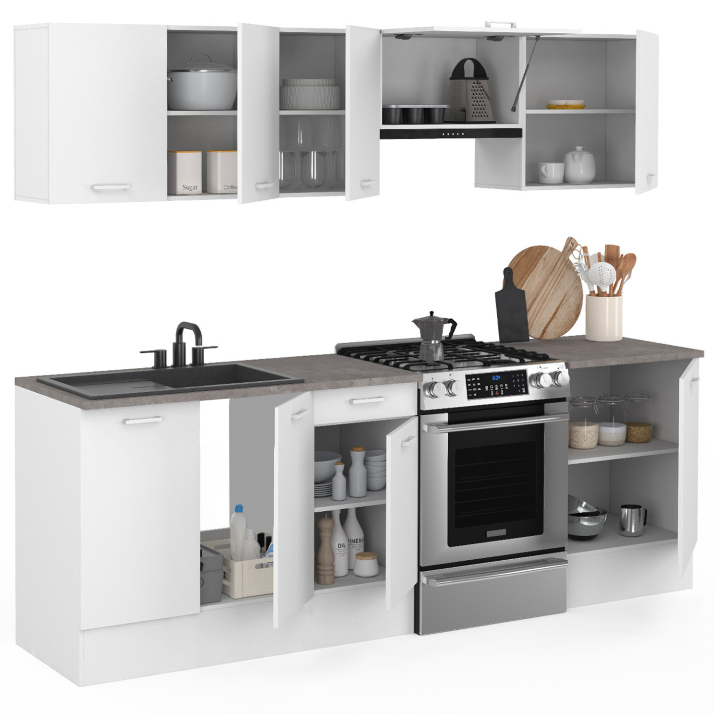 Cocina Modular 240 Cm Mueble De Cocina Vicco R-Line 240 Cm - Diseño Hormigón /Blanco Con Encimera Mármol | Modular Y Ajustable Cocina Modular 240cm, image size:1440x1440