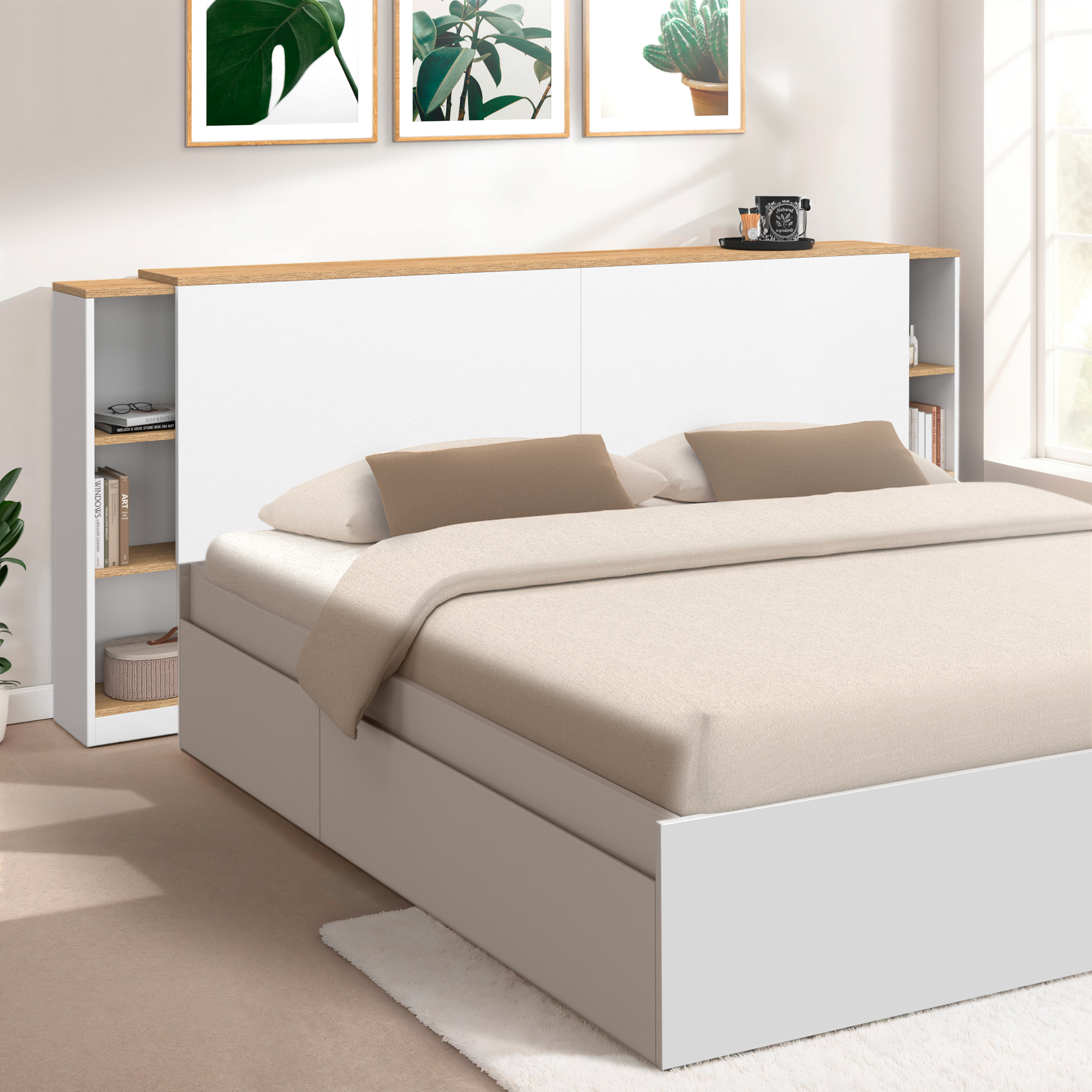 Tête de lit sur pied extensible blanc et façon bois avec chevets