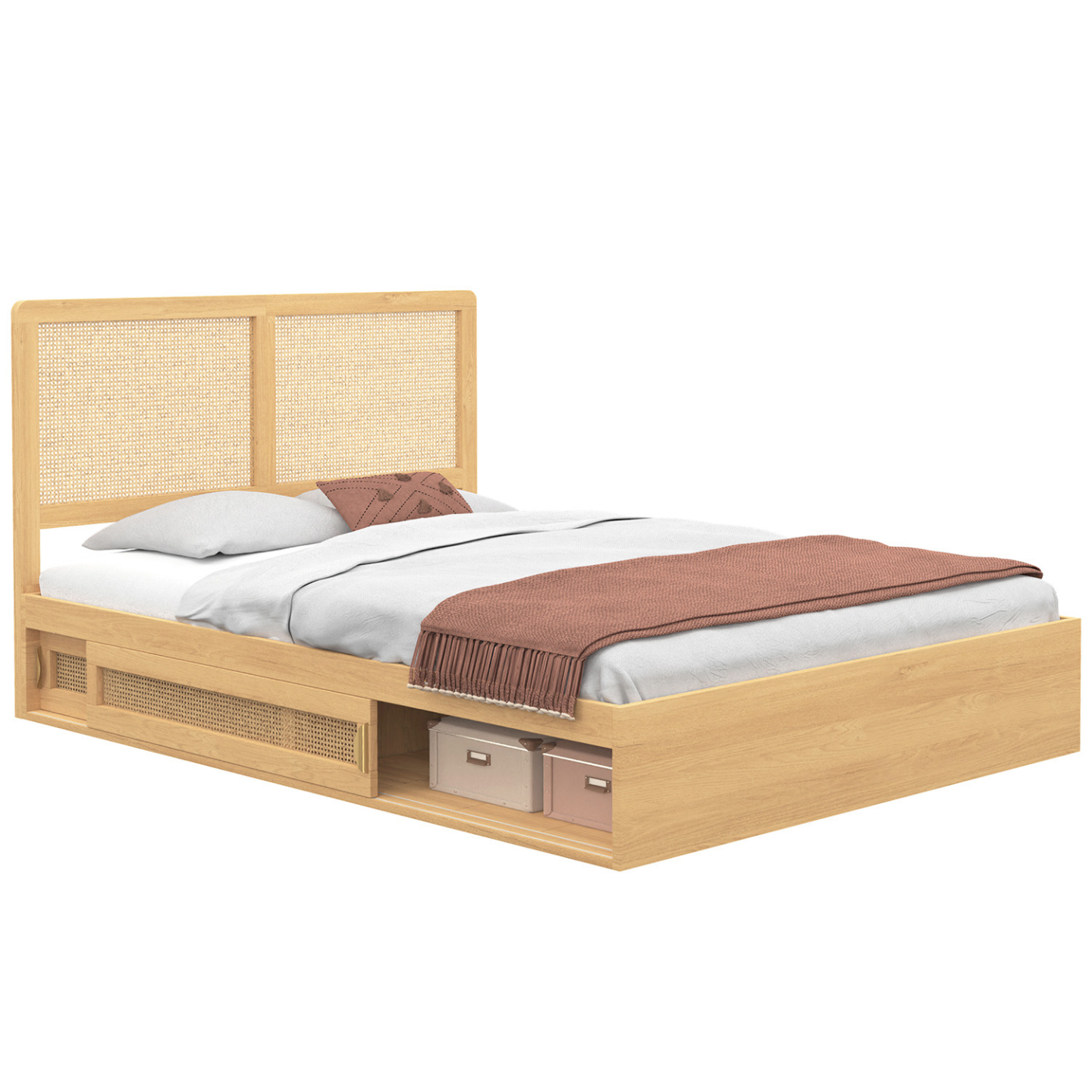 Lit double avec rangements et tête de lit cannage 140x190cm - EDHEN ...