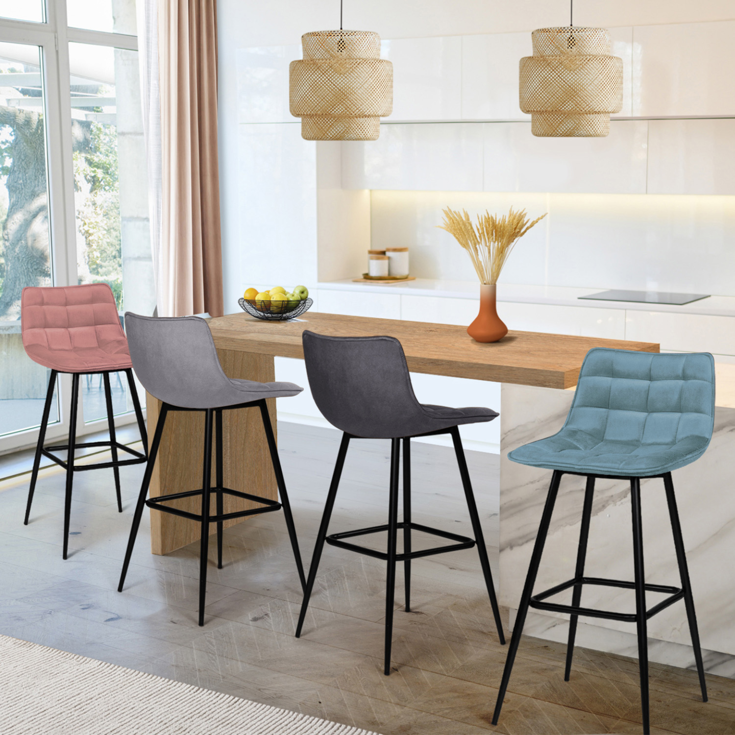 Lot de 4 tabourets de bar en velours multicolore - MADY | IdMarket Belgique