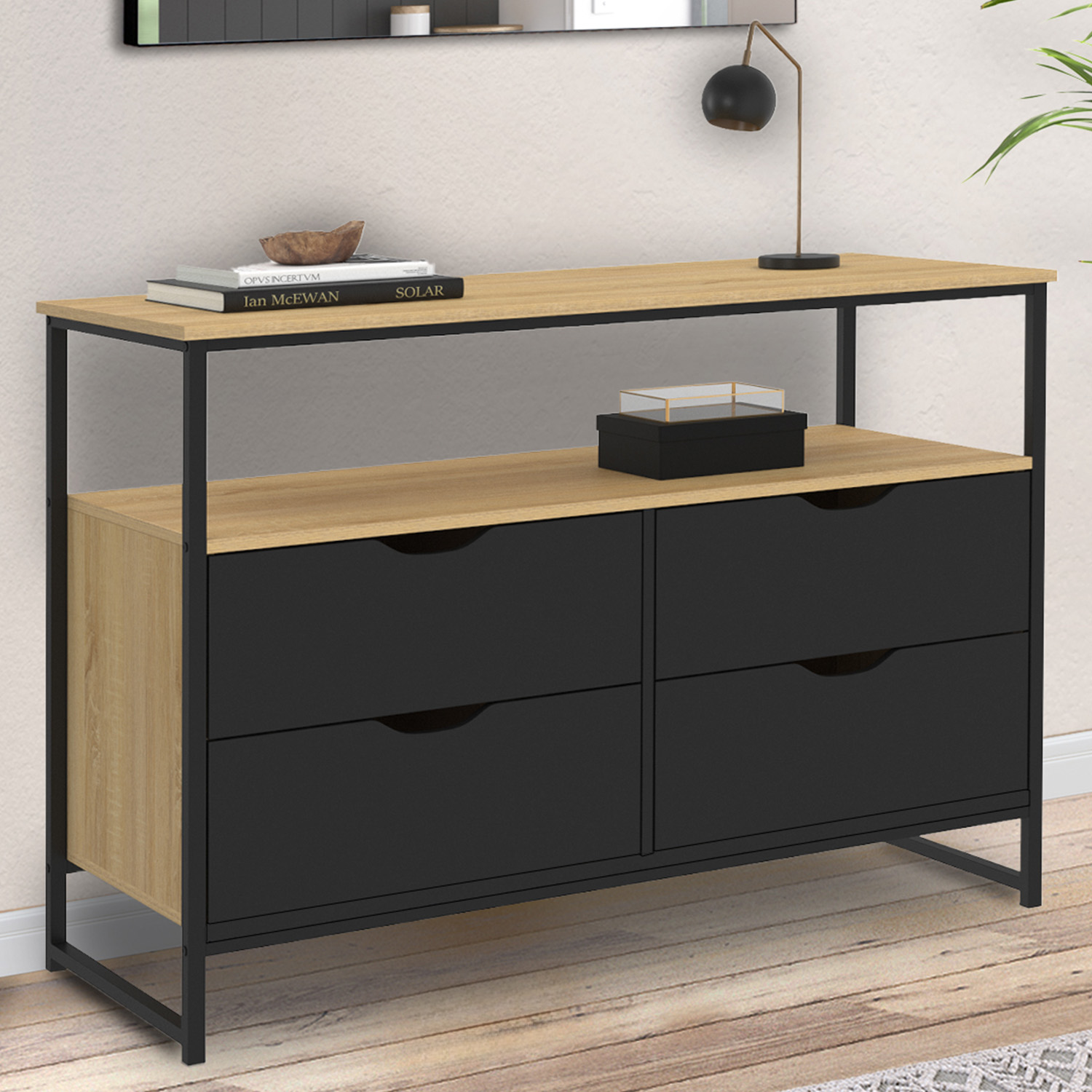 Commode industrielle noir et bois 4 tiroirs avec étagère
