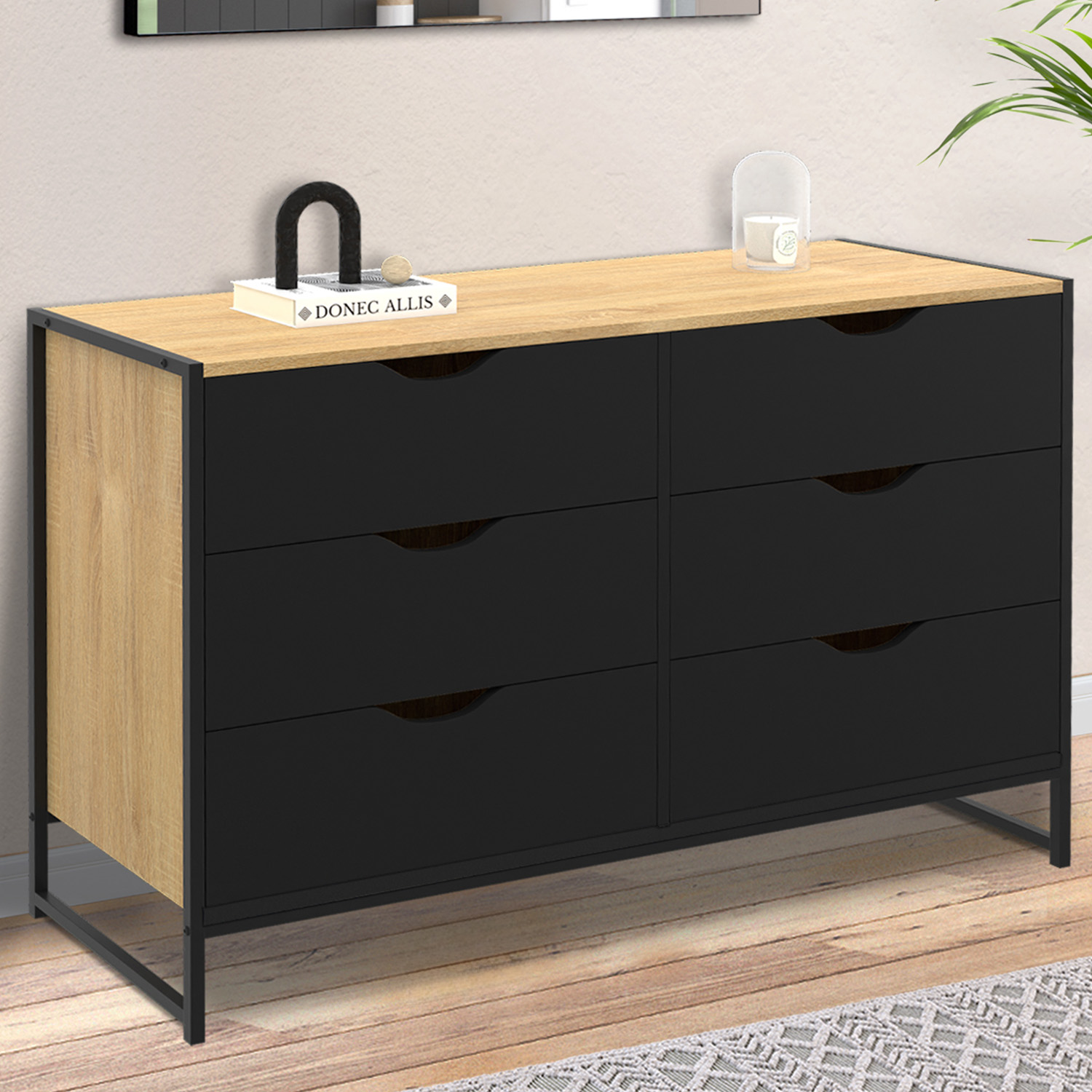 Commode industrielle avec 6 tiroirs bois et noir