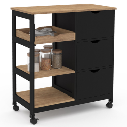 16221 - Credenza da cucina con 3 cestini e 1 vassoio estraibile L.76 CM Desserte de cuisine 3 paniers noir et plateau effet hêtre