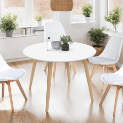 16195 - Tavolo da pranzo rotondo scandinavo 110 cm bianco Table à manger ronde ANGELA 4-6 personnes blanc pieds bois 110 cm